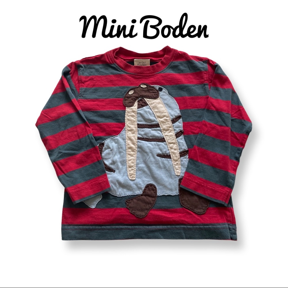 Mini Boden big apliqué walrus long sleeved T shirt stripes red gray Sz 3-4Y
